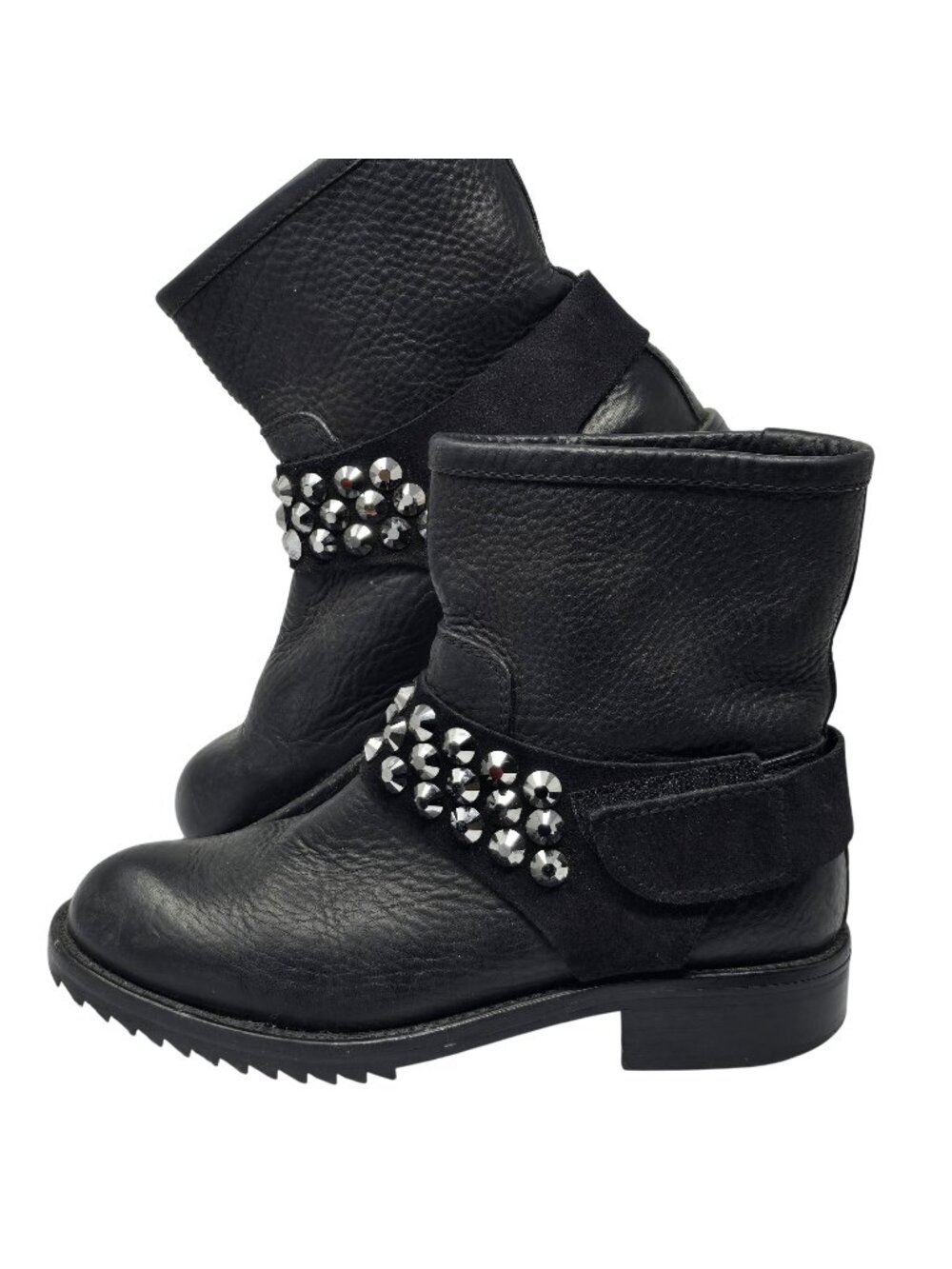 Pedro Garcia Kian Black Leather Swarovski Embellished Moto Boots, Women's 36